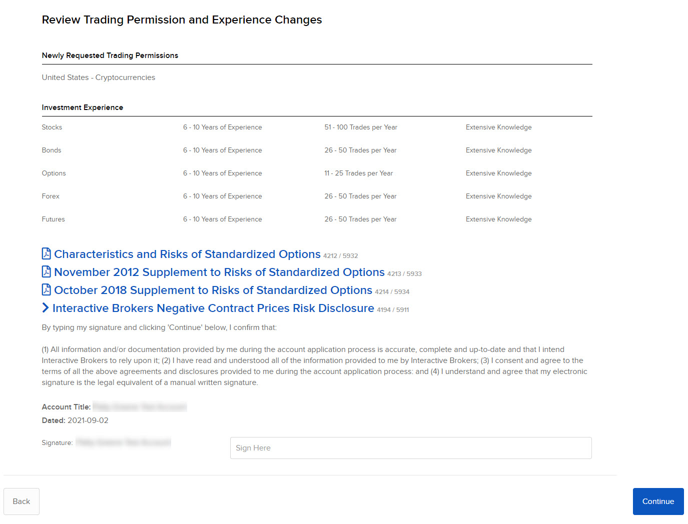 The review page for trading permissions and experience changes in portal. 